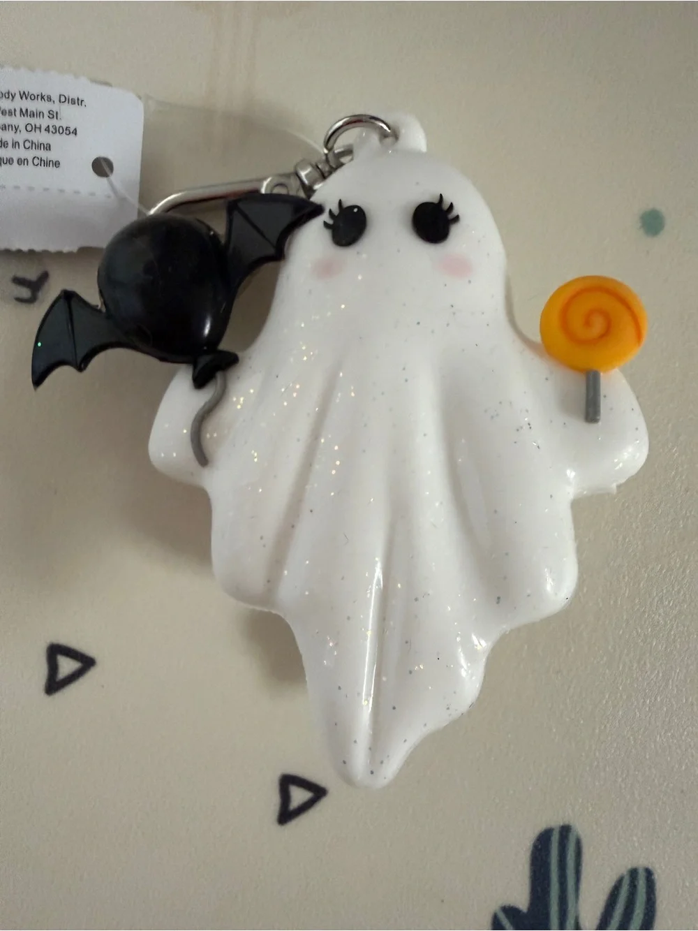 Bath & Body Works White Ghost Keychain with Black Bat and Orange Lollipop